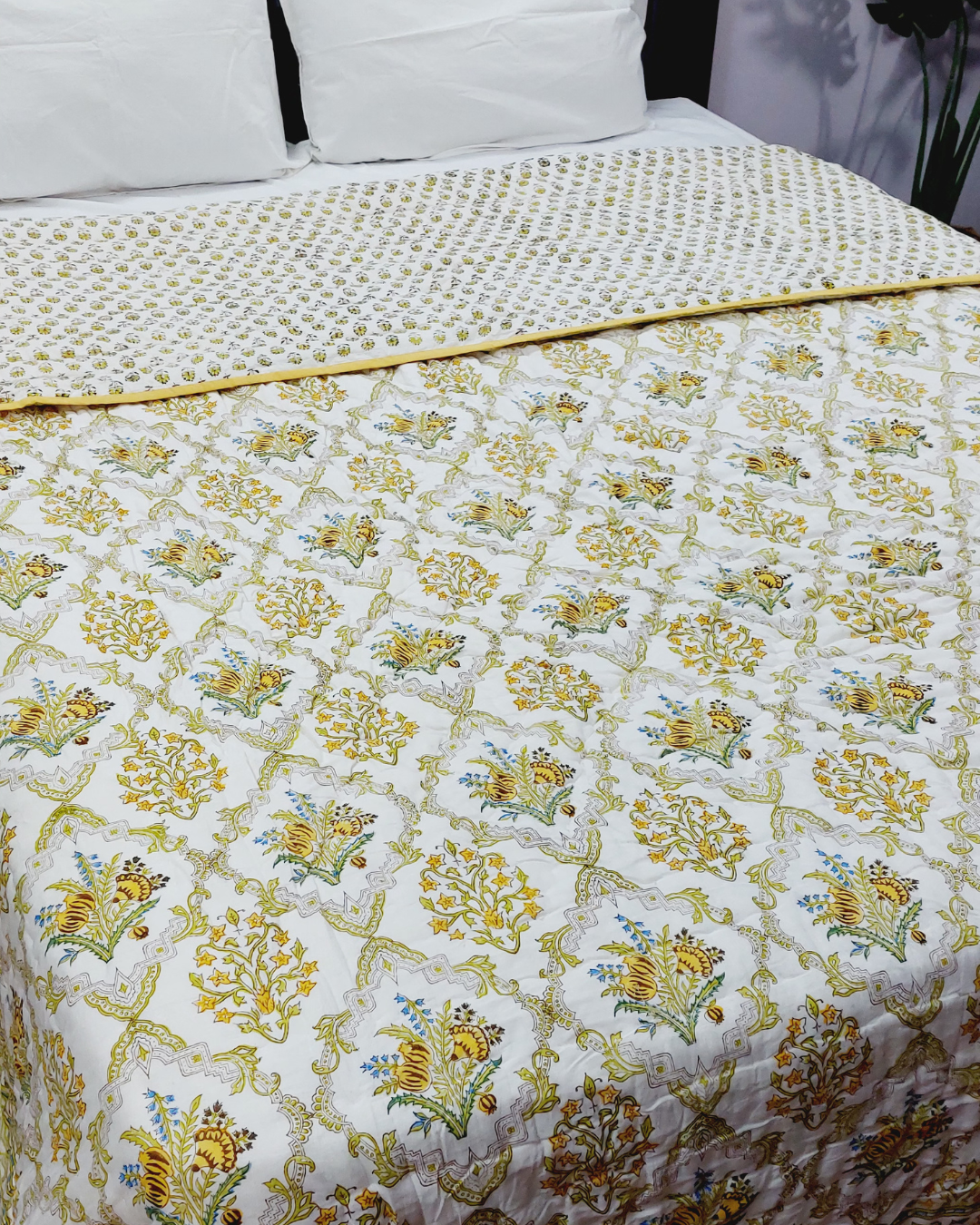 Cotton Double Bed Rajai Mustard-Green Floral Block Print
