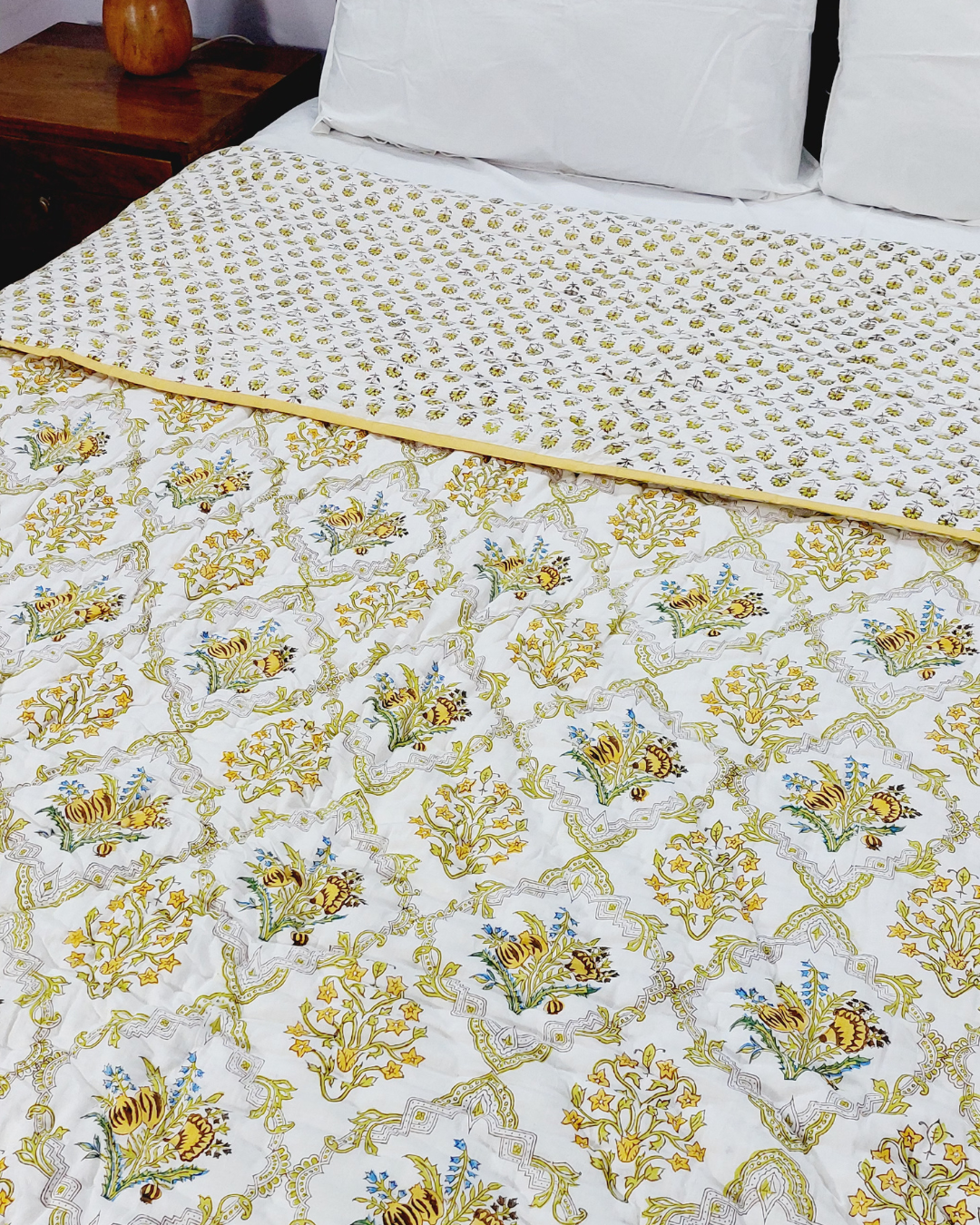 Cotton Double Bed Rajai Mustard-Green Floral Block Print