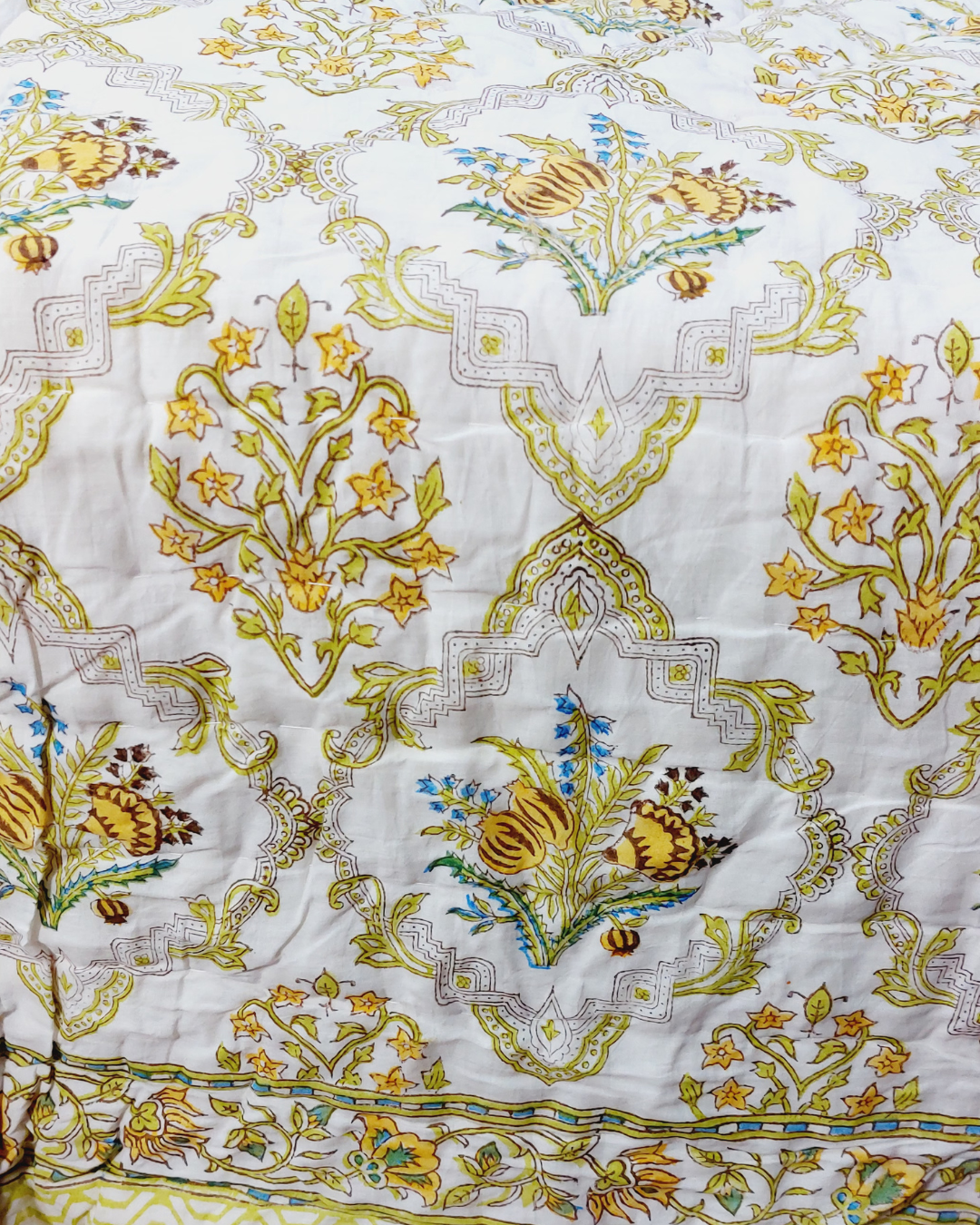 Cotton Double Bed Rajai Mustard-Green Floral Block Print