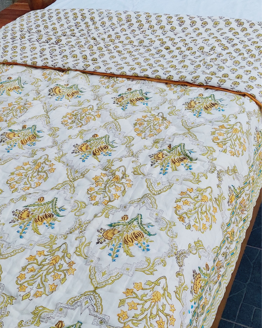 Cotton Single Bed Rajai Mustard-Green Floral Block Print