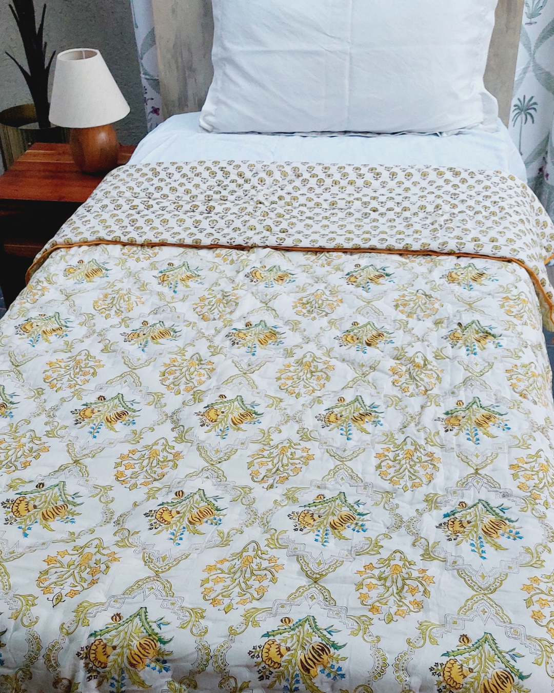 Cotton Single Bed Rajai Mustard-Green Floral Block Print