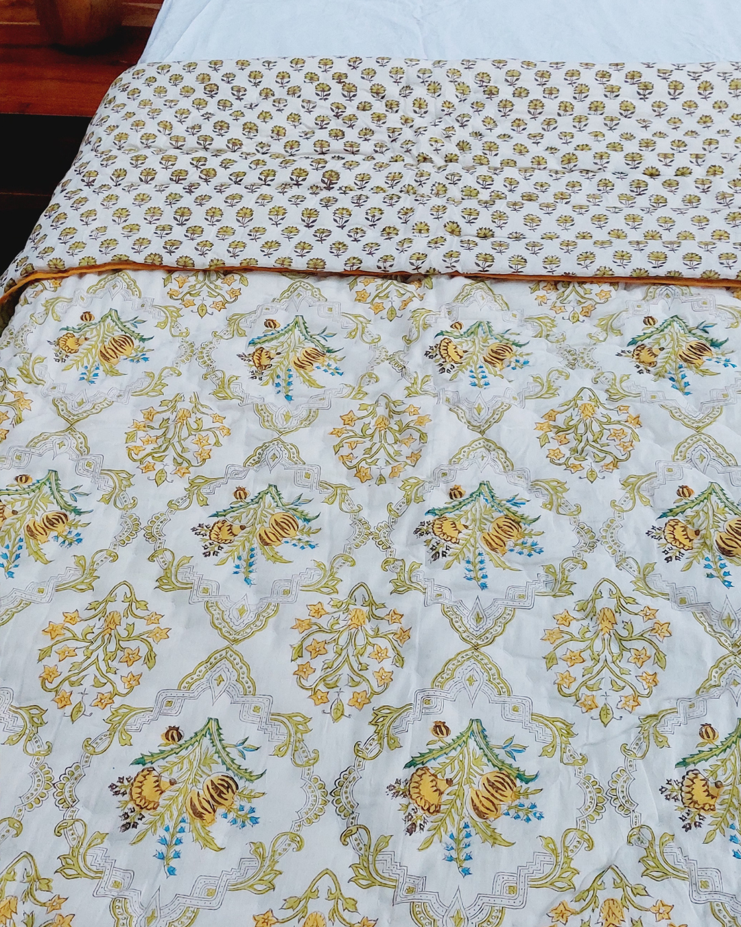 Cotton Single Bed Rajai Mustard-Green Floral Block Print