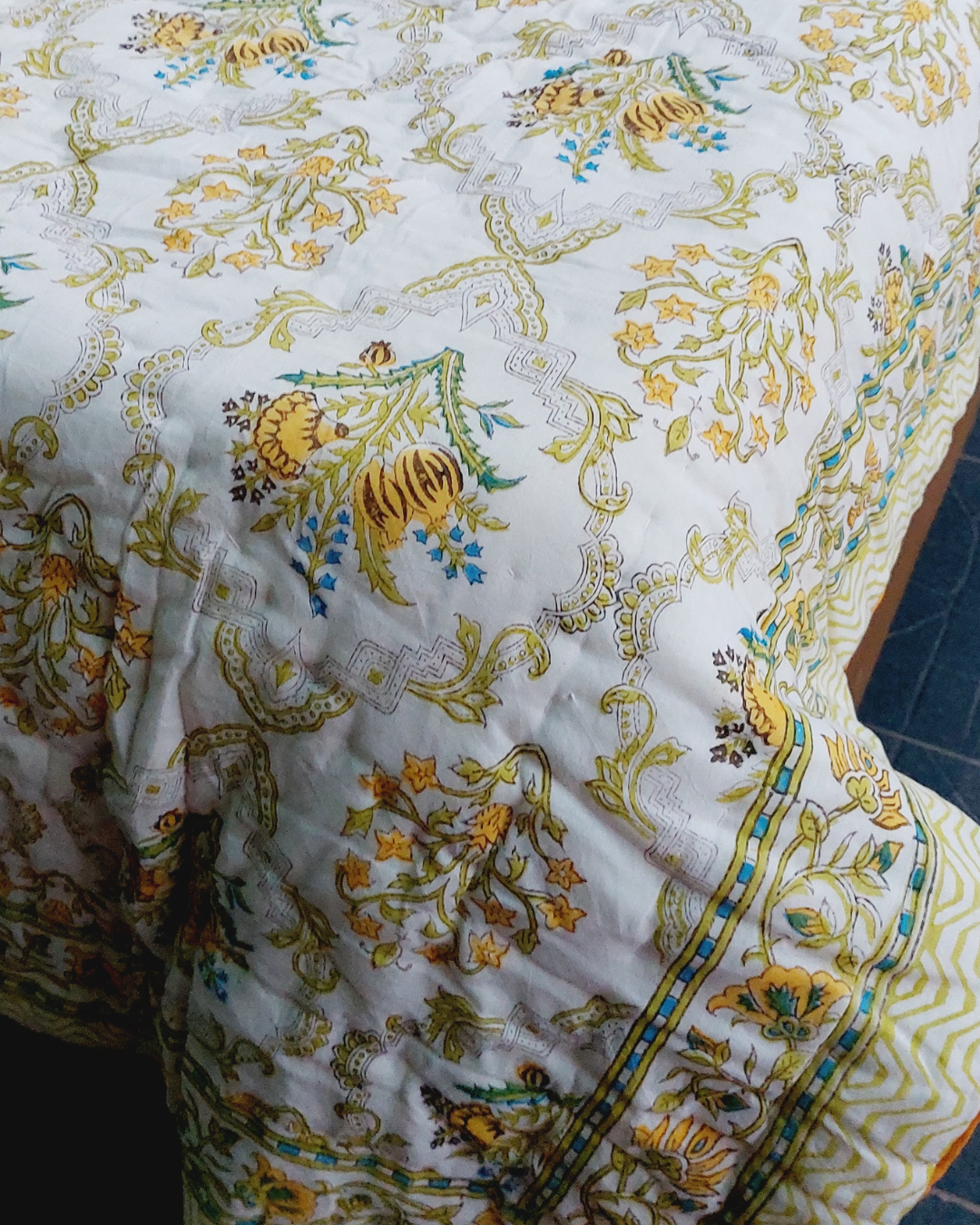 Cotton Single Bed Rajai Mustard-Green Floral Block Print