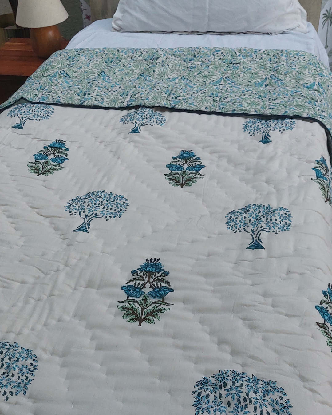 Cotton Single Rajai Blue-Green Floral Jaal Block Print