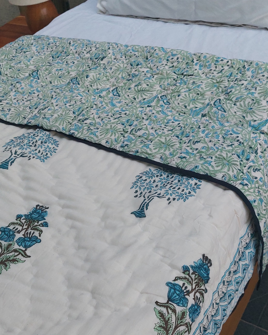 Cotton Single Rajai Blue-Green Floral Jaal Block Print