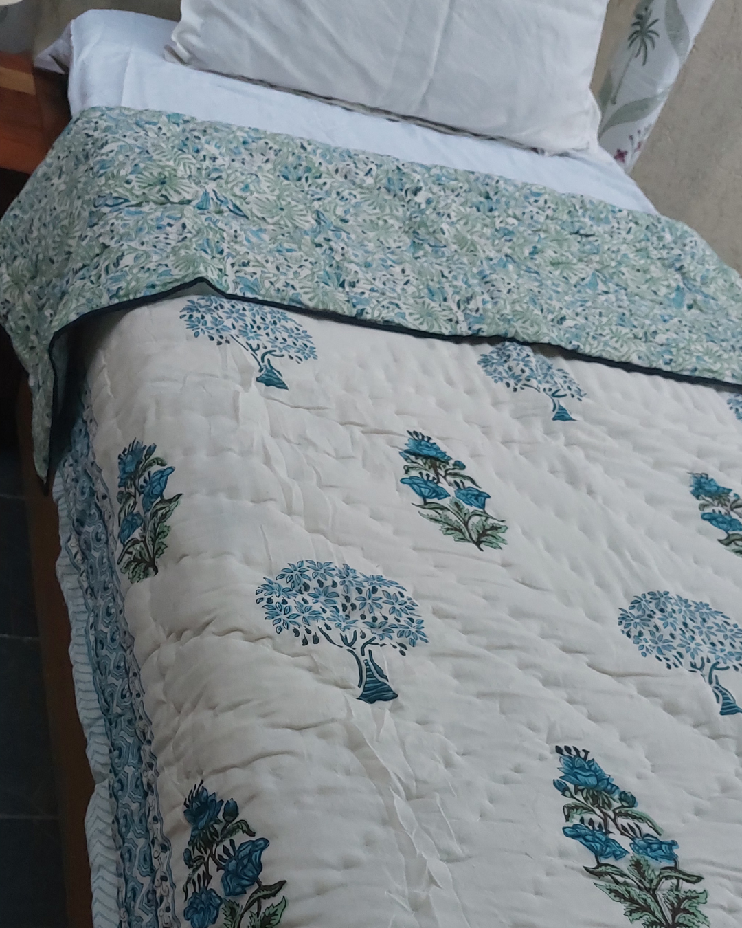 Cotton Single Rajai Blue-Green Floral Jaal Block Print