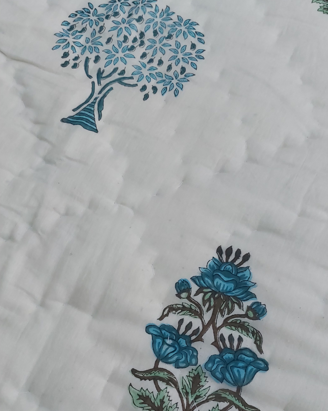 Cotton Single Rajai Blue-Green Floral Jaal Block Print