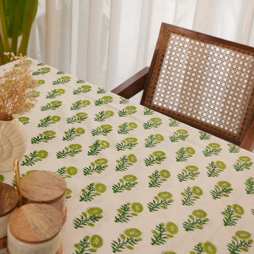 Cotton Table Cover Green Gerbera Floral Hand Block Print