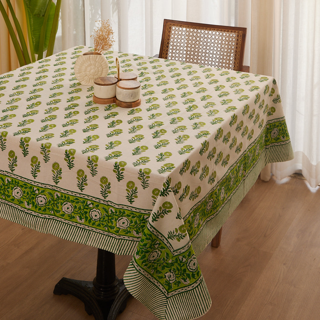 Cotton Table Cover Green Gerbera Floral Hand Block Print