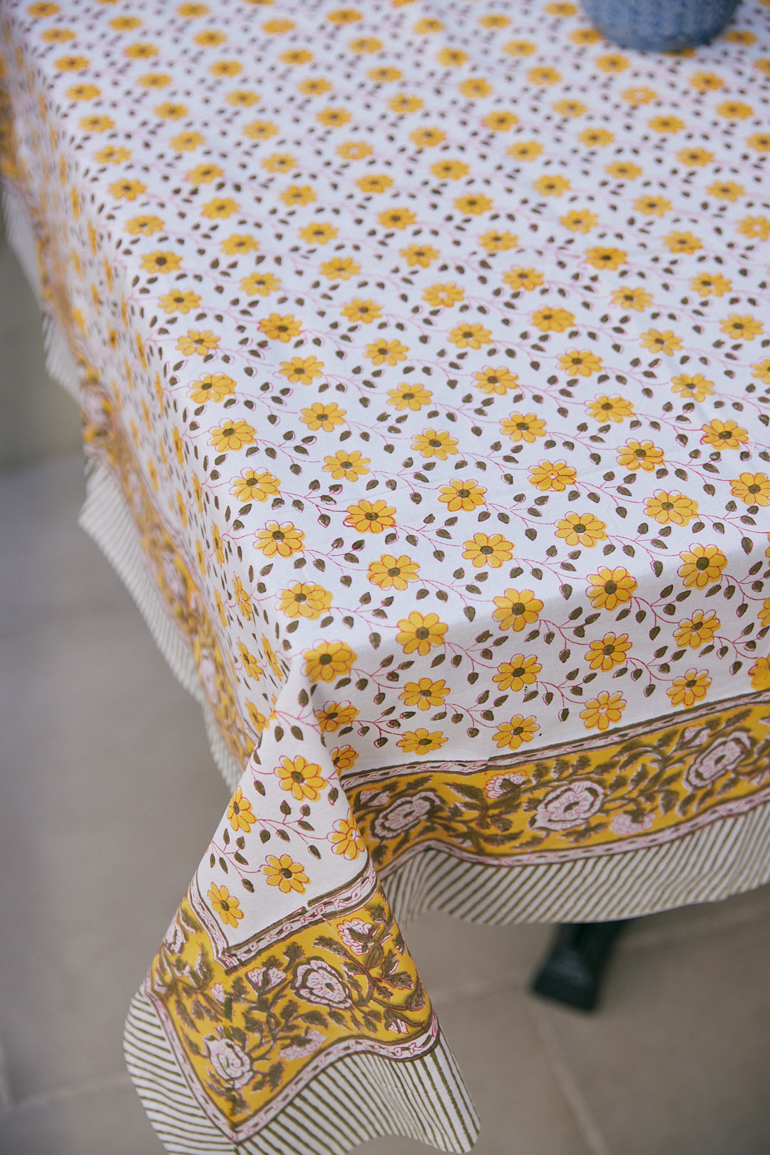 Cotton Table Cover Yellow Sunny Hop Floral Hand Block Print