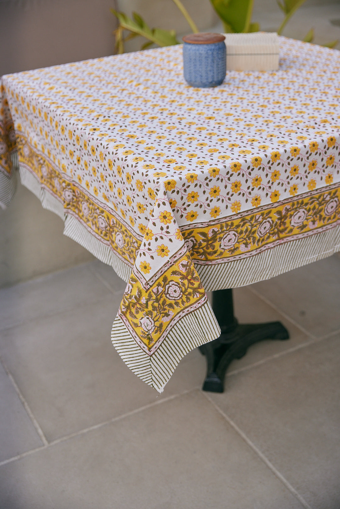 Cotton Table Cover Yellow Sunny Hop Floral Hand Block Print