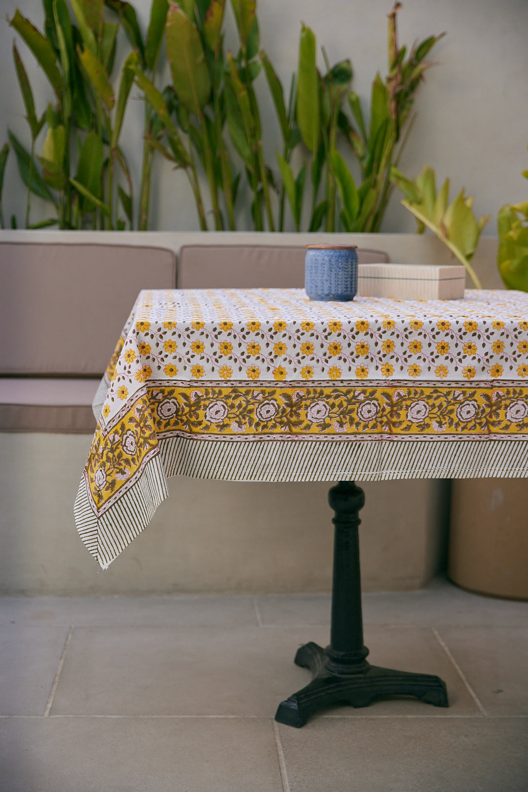 Cotton Table Cover Yellow Sunny Hop Floral Hand Block Print