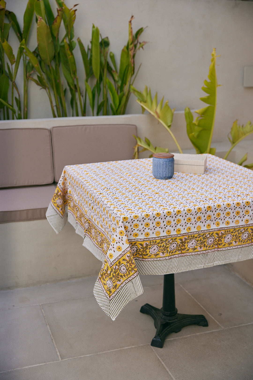 Cotton Table Cover Yellow Sunny Hop Floral Hand Block Print