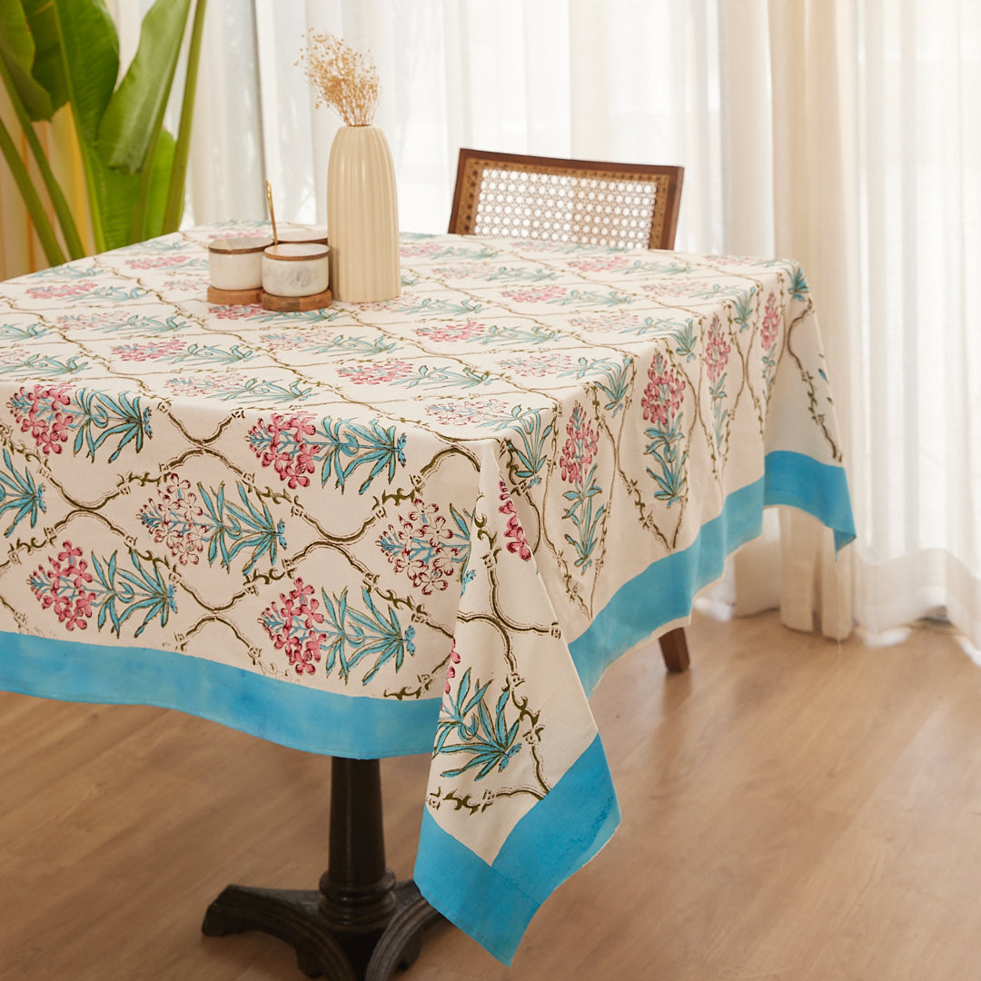 Cotton Table Cover Blue-Pink Floral Jaal Block Print