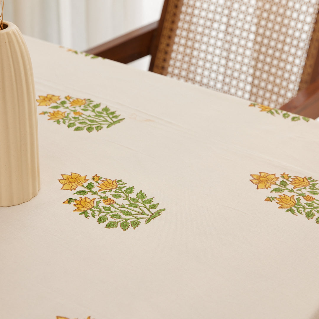 Drill Cotton Table Cover Green-Orange Floral Block Print