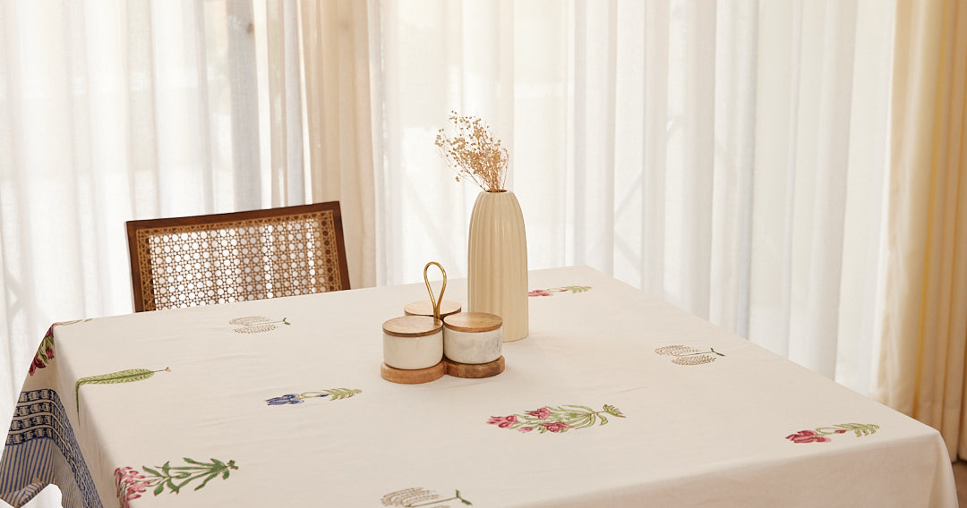 Drill Cotton Table Cover Green-Blue Leaf Block Print