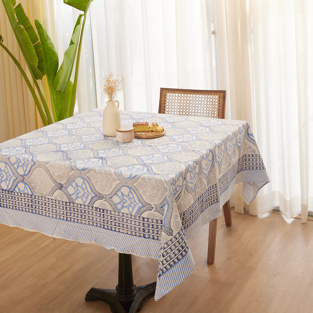 Drill Cotton Table Cover Blue Leaf Block Print
