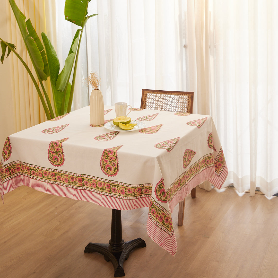 Drill Cotton Table Cover Pink-Green Jade Pine Block Print