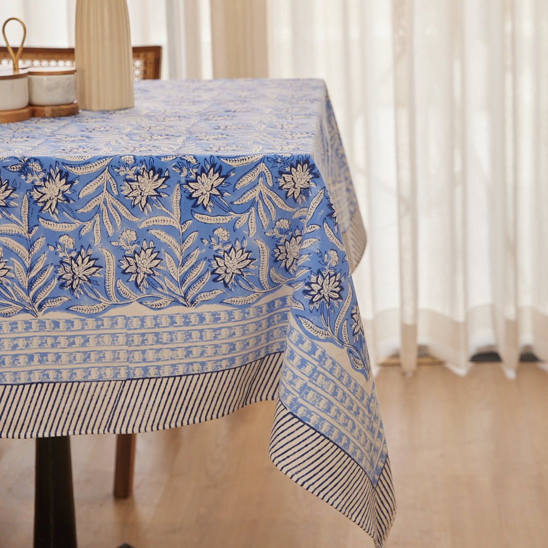 Drill Cotton Table Cover Blue Leaf Jaal Block Print