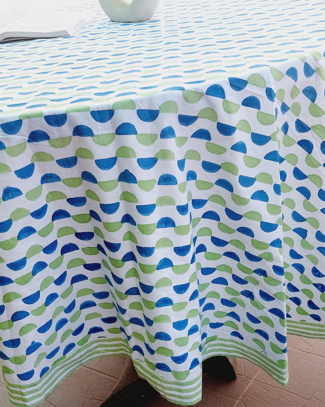 Fine Cotton Round 6 Seater Table Cover Blue Green Leher Block Print