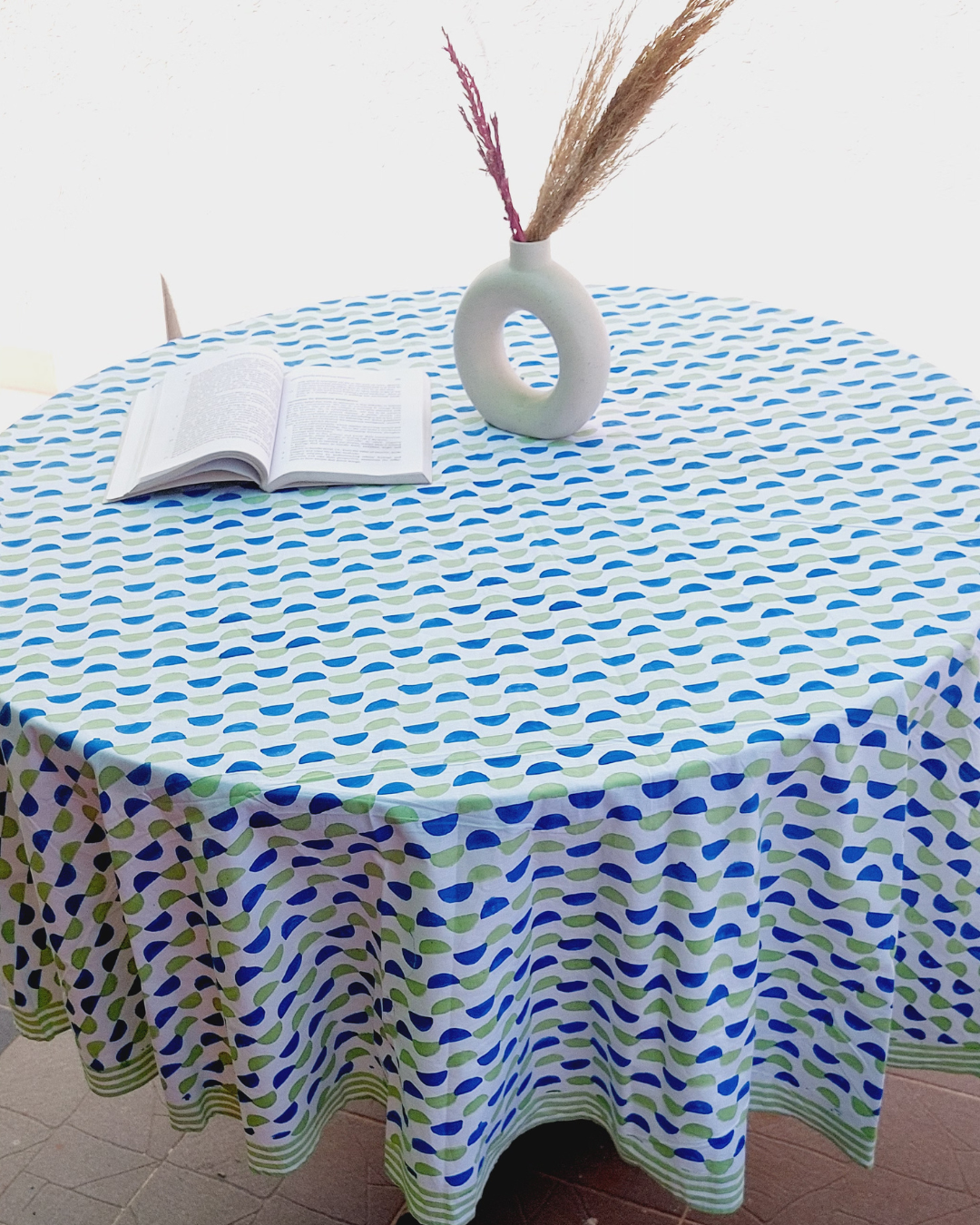 Fine Cotton Round 6 Seater Table Cover Blue Green Leher Block Print