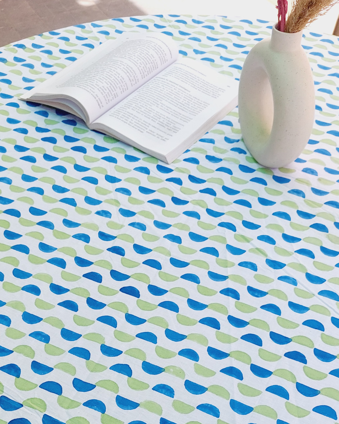 Fine Cotton Round 6 Seater Table Cover Blue Green Leher Block Print