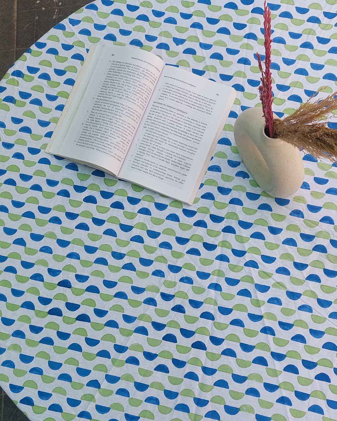Fine Cotton Round 6 Seater Table Cover Blue Green Leher Block Print