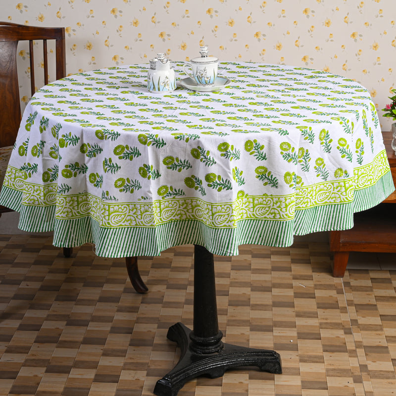 Cotton Round Table Cover Green Gerbera Floral Hand Block Print