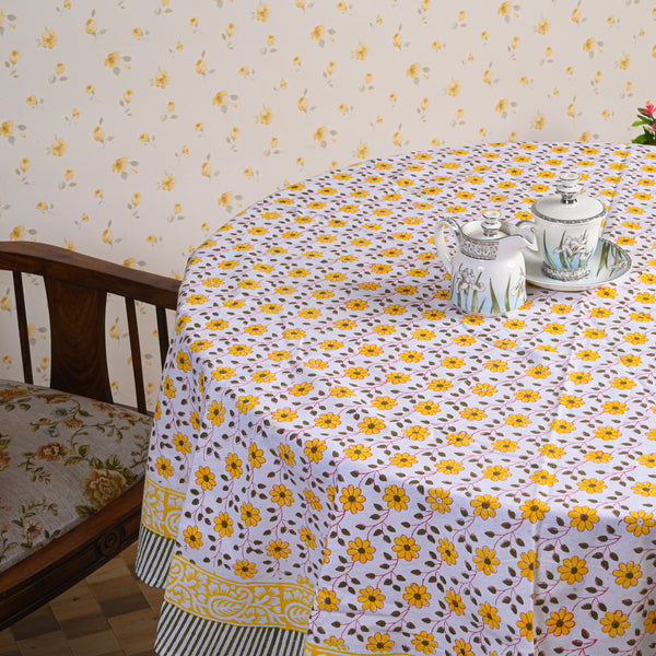 Cotton Round Table Cover Yellow Sunny Hop Floral Hand Block Print