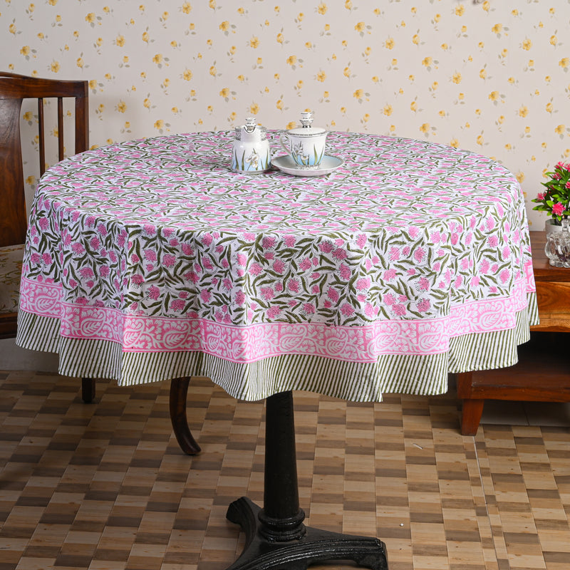 Cotton Round Table Cover Pink Dahlia Floral Hand Block Print