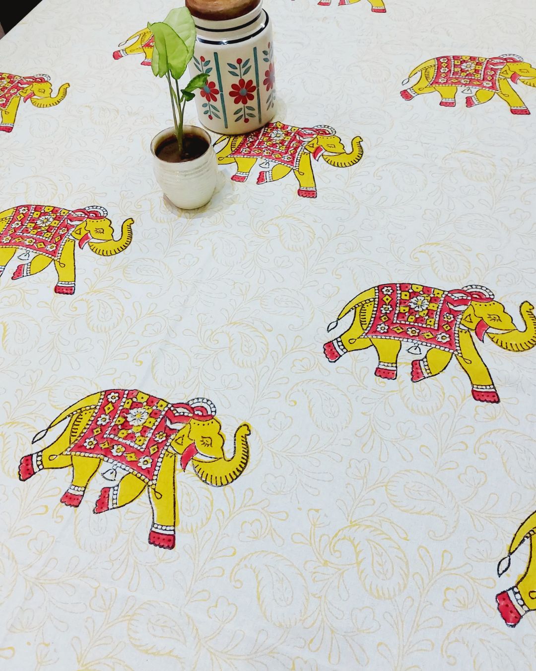 Cotton Table Cover Yellow Red Elephant Print Block Print