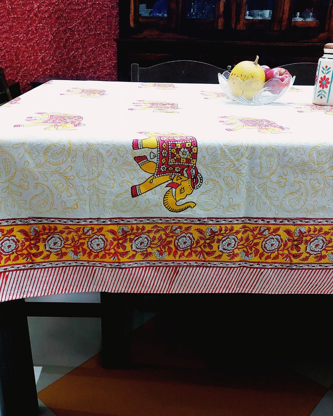 Cotton Table Cover Yellow Red Elephant Print Block Print