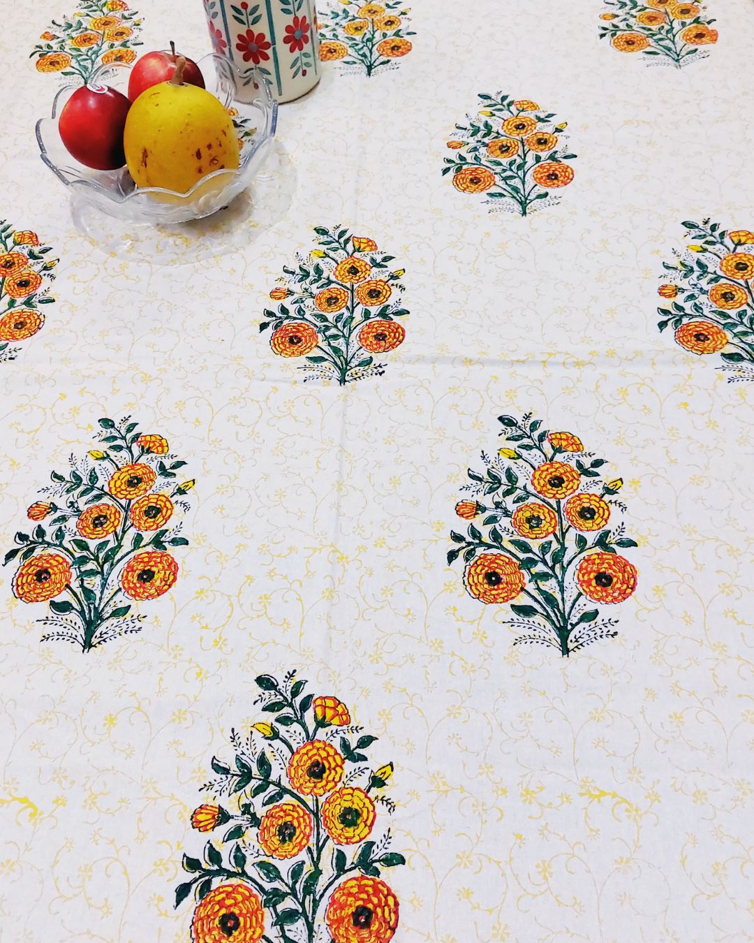 Cotton Table Cover Yellow Green Marigold Boota Block Print