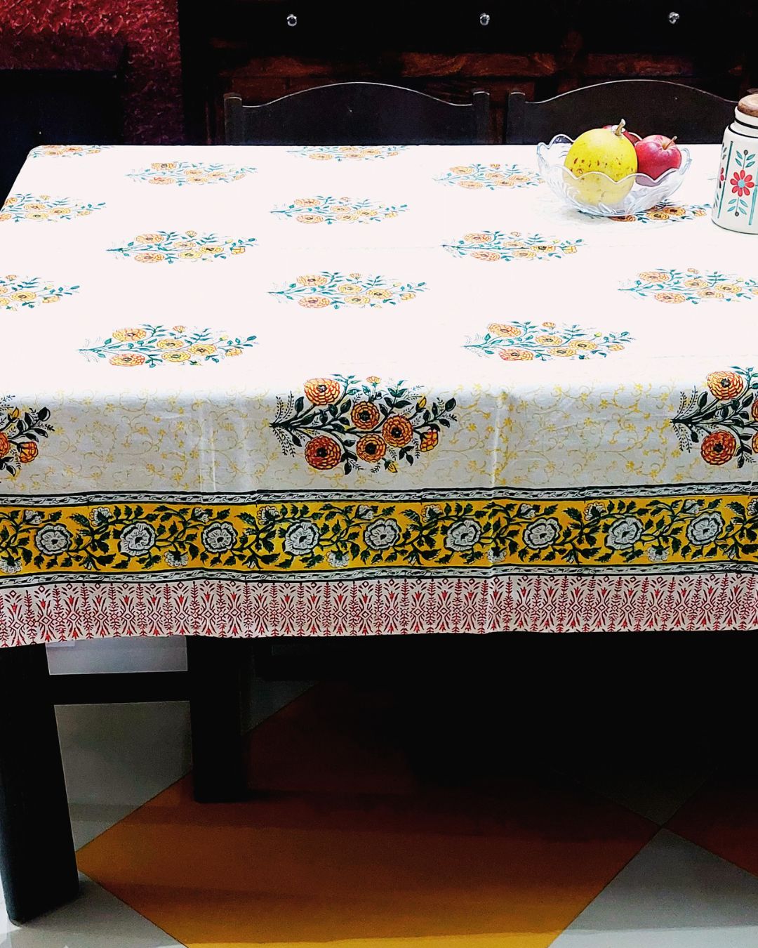 Cotton Table Cover Yellow Green Marigold Boota Block Print