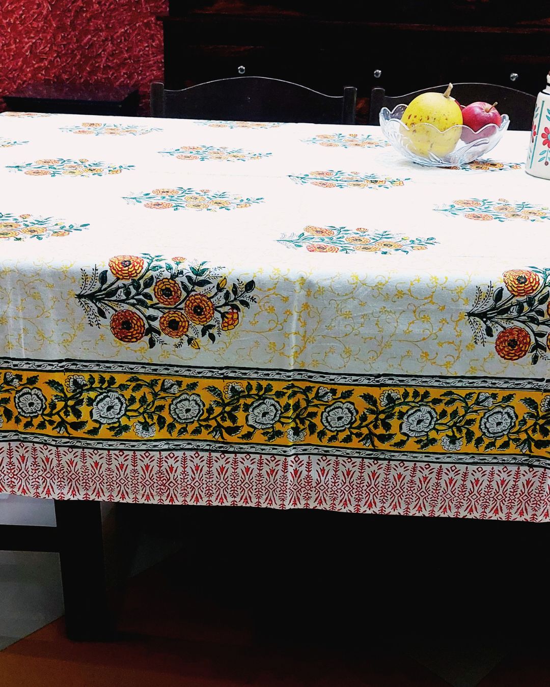 Cotton Table Cover Yellow Green Marigold Boota Block Print