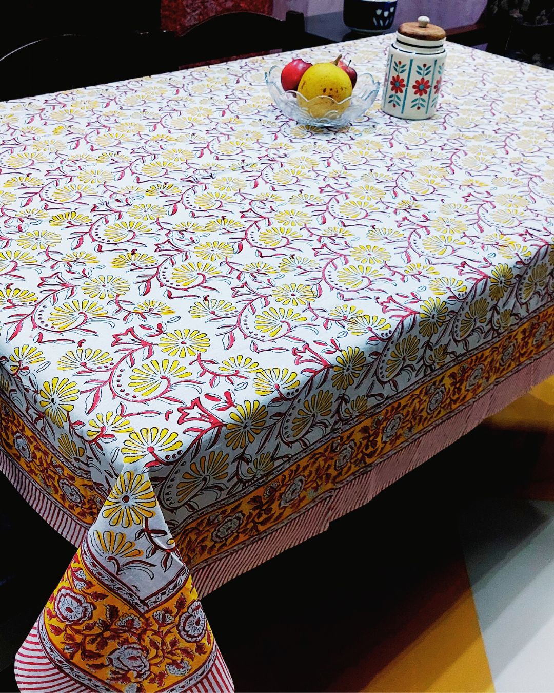 Cotton Table Cover Yellow Red Floral Jall Block Print