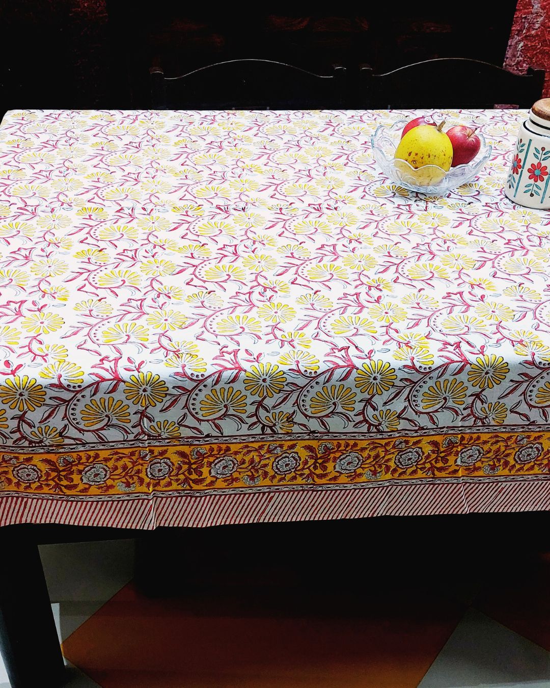 Cotton Table Cover Yellow Red Floral Jall Block Print
