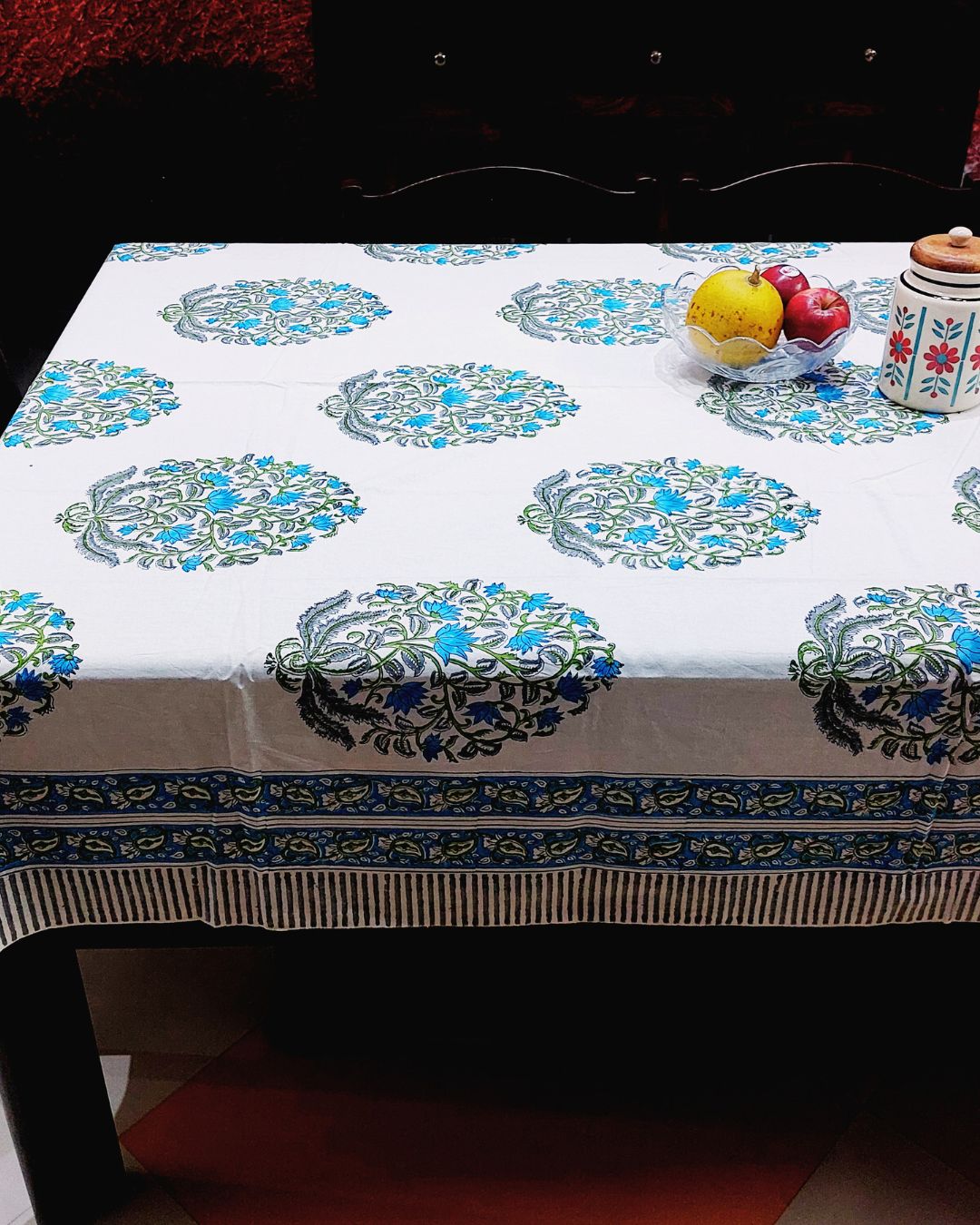 Cotton Table Cover Blue Green Guldasta Block Print