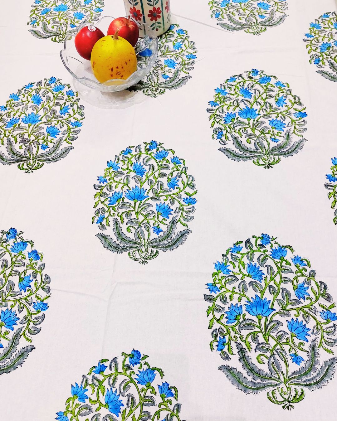 Cotton Table Cover Blue Green Guldasta Block Print