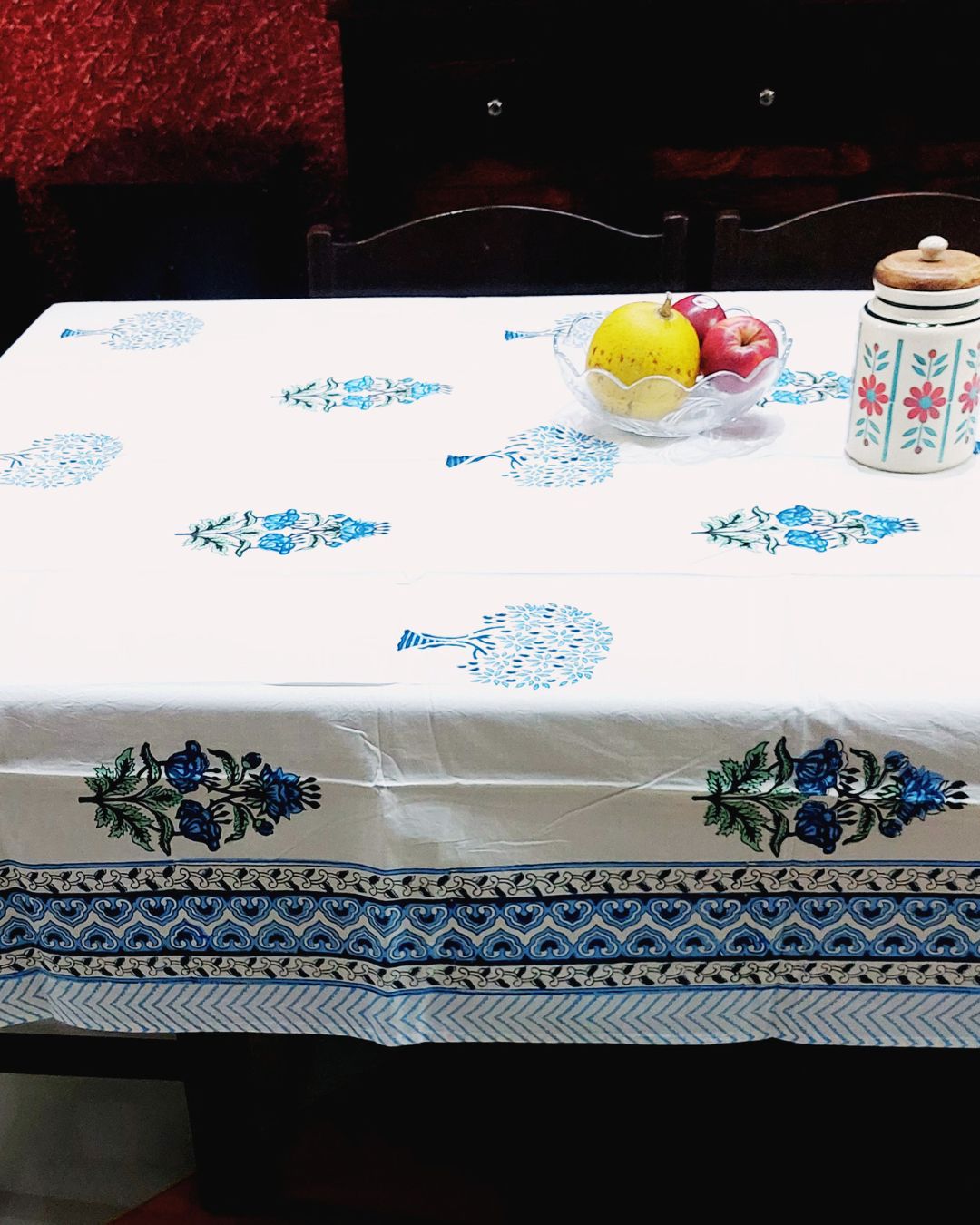 Cotton Table Cover  Blue Floral Block Print