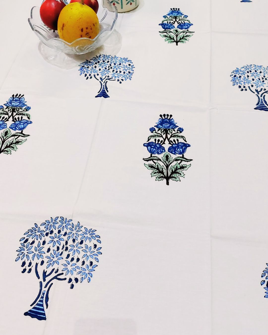 Cotton Table Cover  Blue Floral Block Print