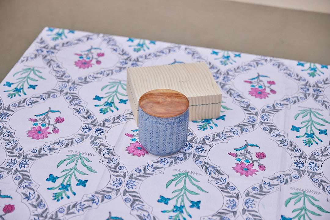 Fine Cotton Table Cover Jade Floral Jaal Block Print
