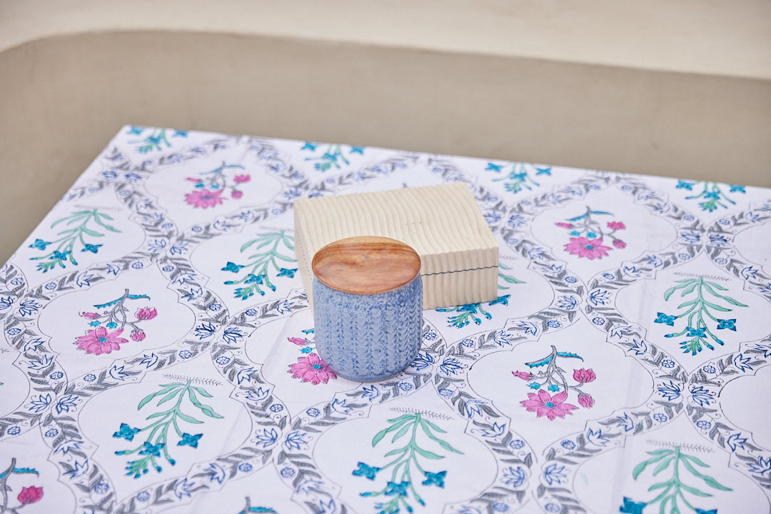 Fine Cotton Table Cover Jade Floral Jaal Block Print