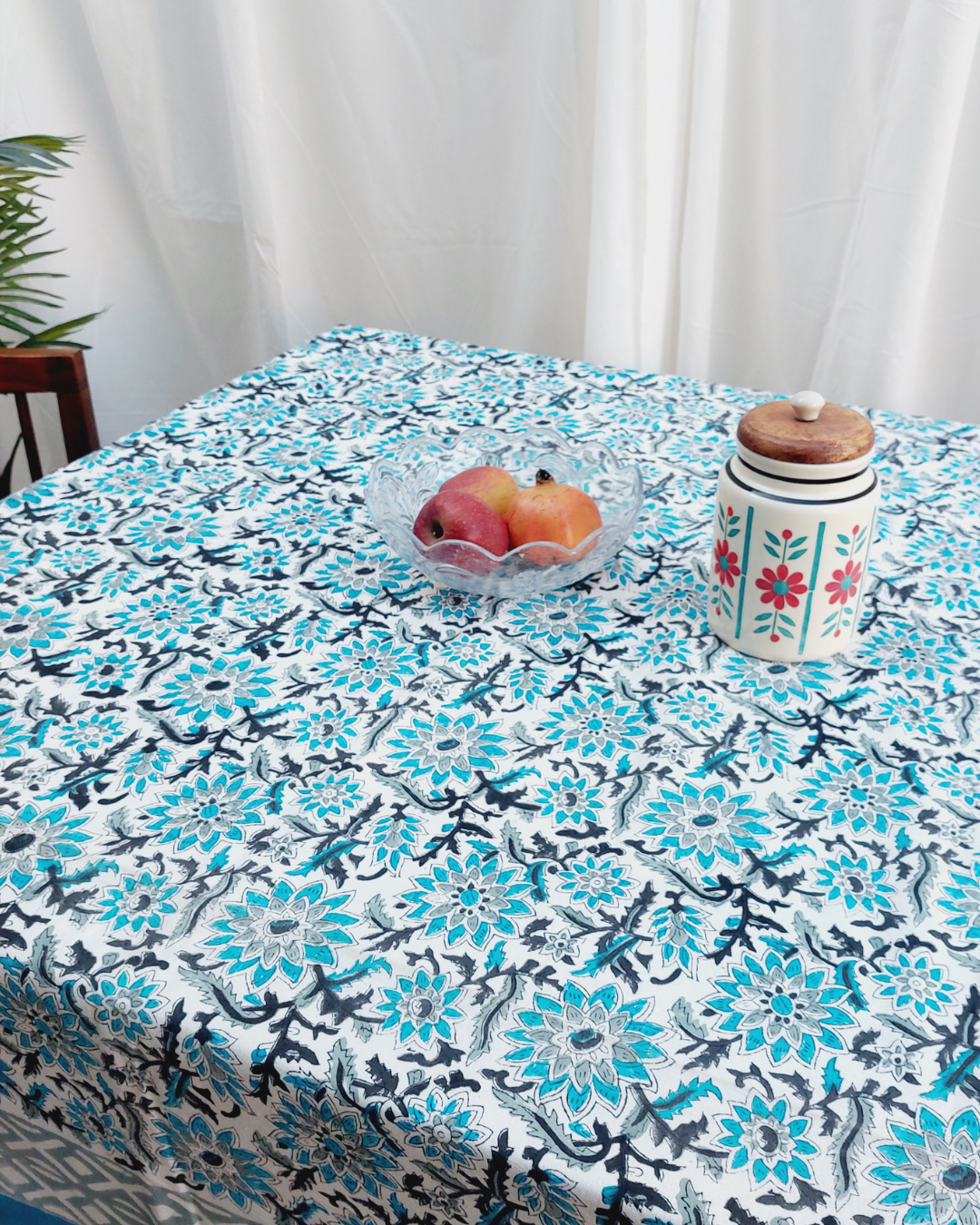 Drill  Cotton Table Cover Afroz Hand Block Printed Icy Blue Block Print