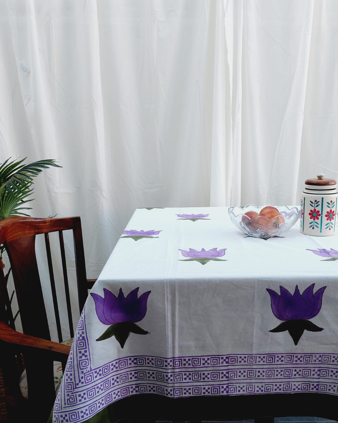 Drill Cotton Table Cover Lotus Flower  Purple-Green  Floral Block Print