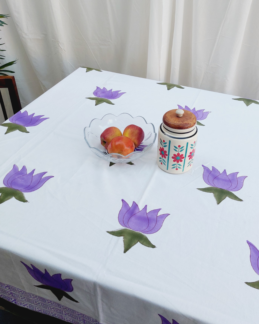 Drill Cotton Table Cover Lotus Flower  Purple-Green  Floral Block Print