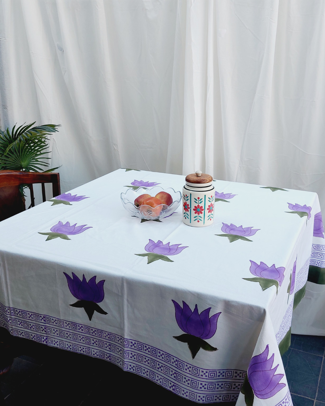 Drill Cotton Table Cover Lotus Flower  Purple-Green  Floral Block Print