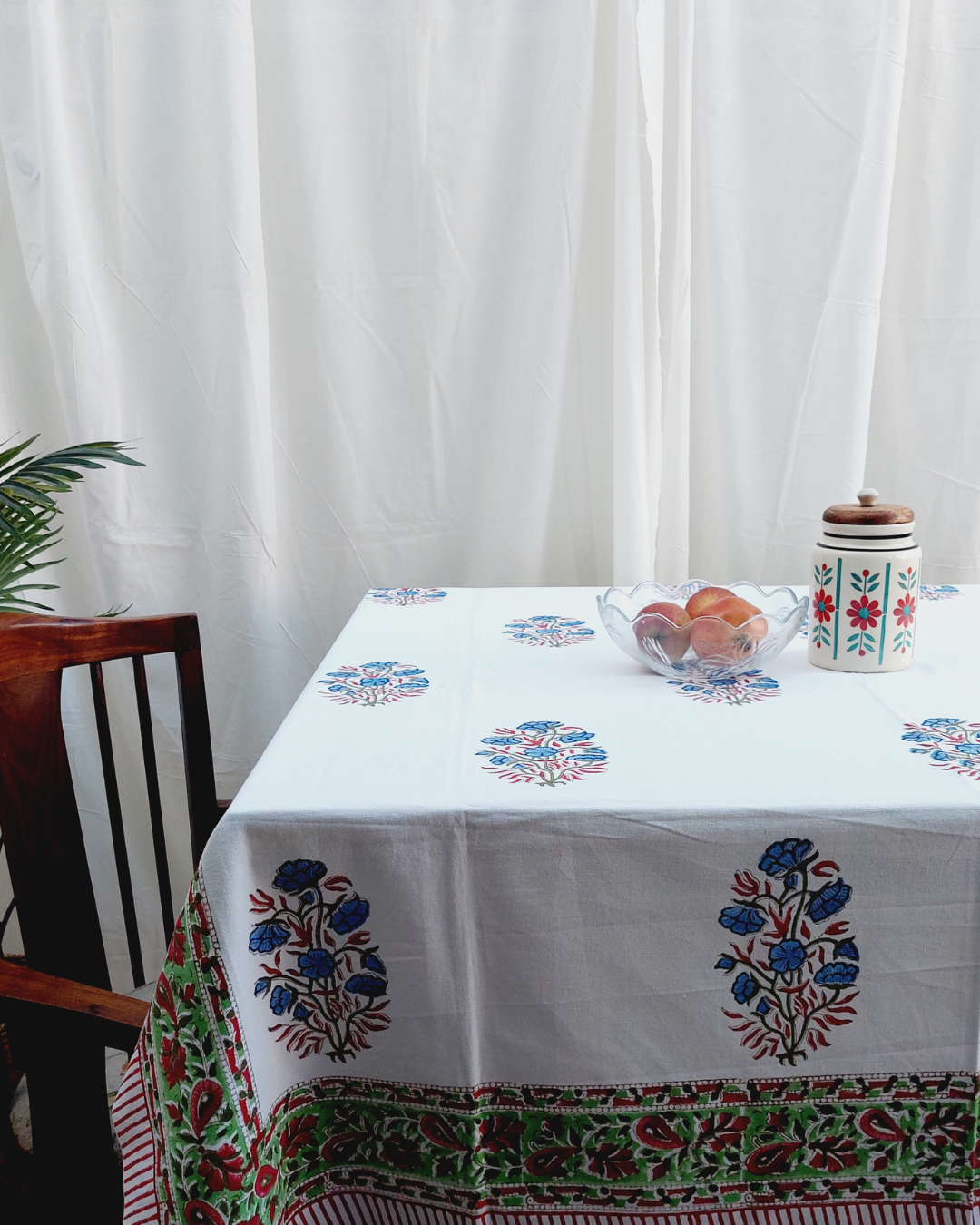 Drill  Cotton Table Cover Blue-Red Floral Block Print