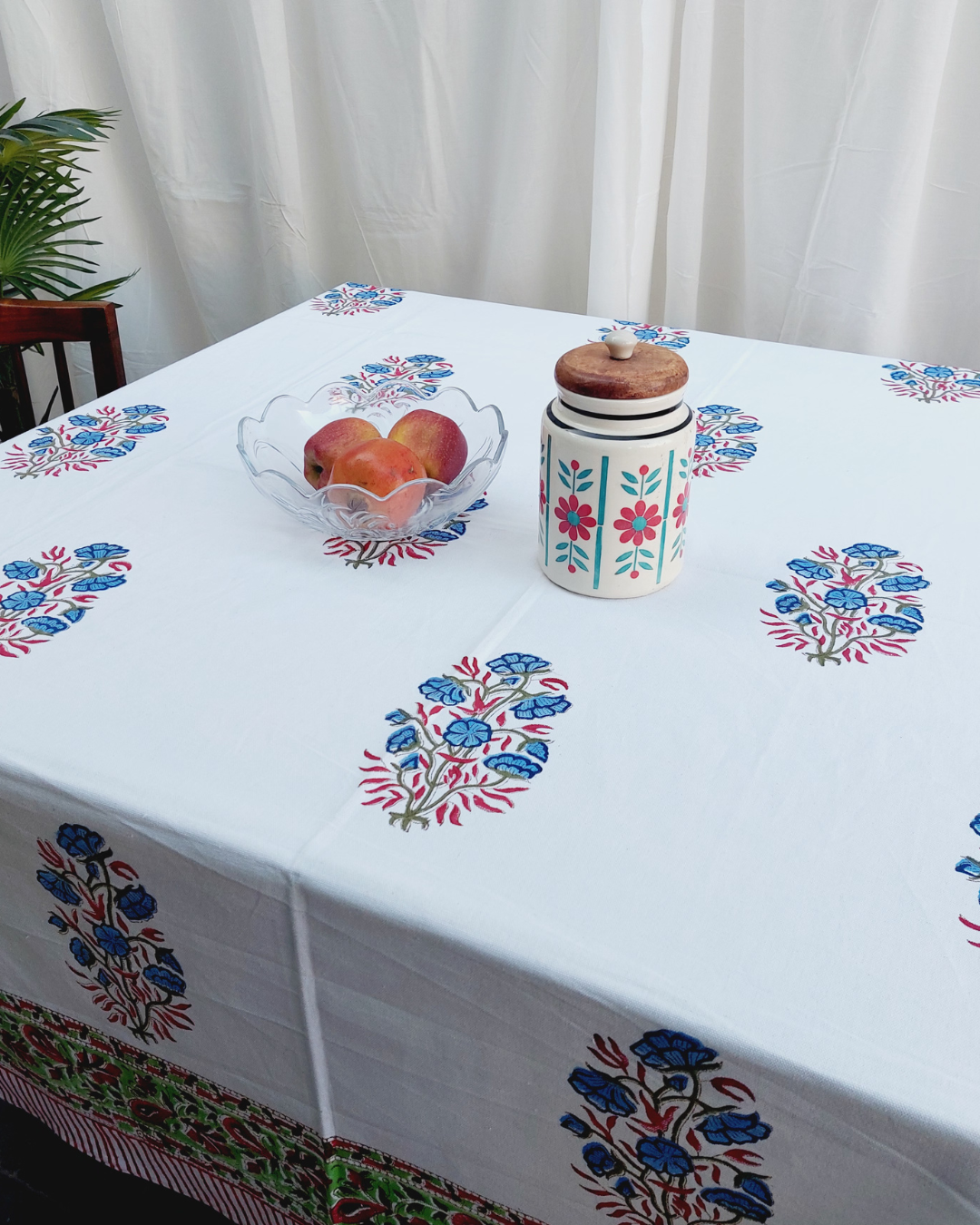 Drill  Cotton Table Cover Blue-Red Floral Block Print