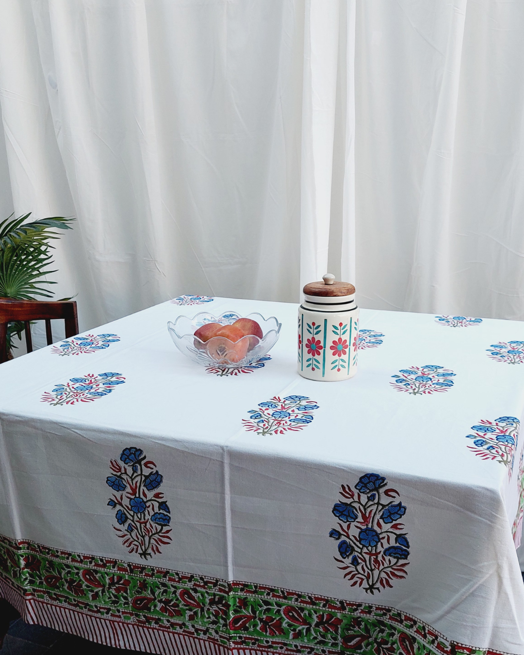 Drill  Cotton Table Cover Blue-Red Floral Block Print